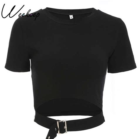 Weekeep Women Hollow Out Cropped T Shirt Summer Black Cotton Short