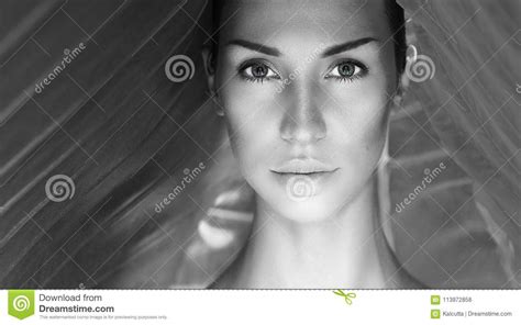 Zwart Wit Mooi Sexy Vrouwenportret Vrouwengezicht Met N Stock Foto