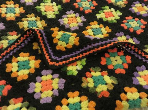 Granny Square Crochet Afghan Black And Multi Colored Warm Lap Etsy