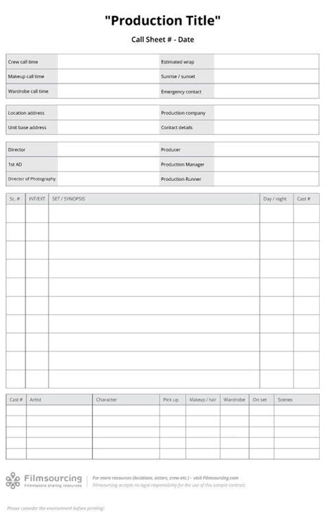 Download Production Call Sheet Template A Good Call Sheet Template Will