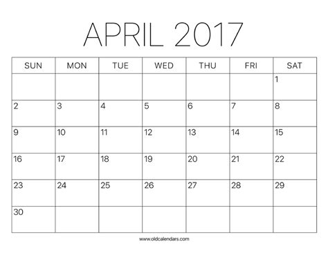 2017 Calendar April Printable Old Calendars