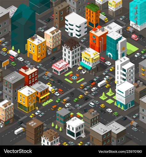 Isometric City Cartoon Town District Royalty Free Vector