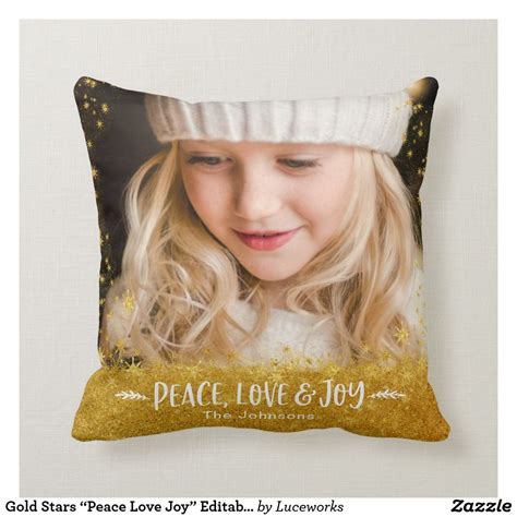 Gold Stars Peace Love Joy Quote Holiday Photo Name Throw Pillow