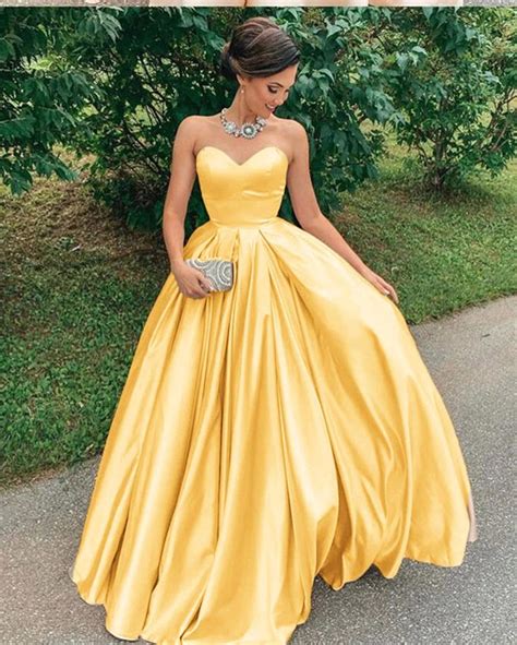 Buy A Line Yellow Satin Prom Dresses Strapless Sweetheart Sleeveless