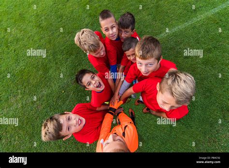 Kids Soccer Football Team In Huddle Stock Photo Alamy