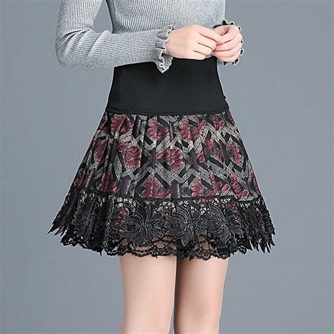 fall winter wool skirt women lace patchwork pleated skirt elastic high waist short skirt female