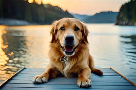 Premium Ai Image A Dog Is Sitting On A Dock With The Sun Behind Him