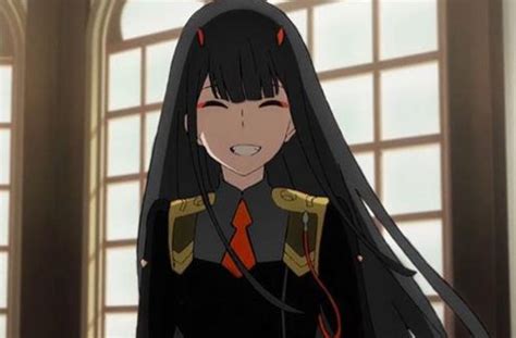 An Anime Character With Long Black Hair And Red Eyes Wearing A Uniform