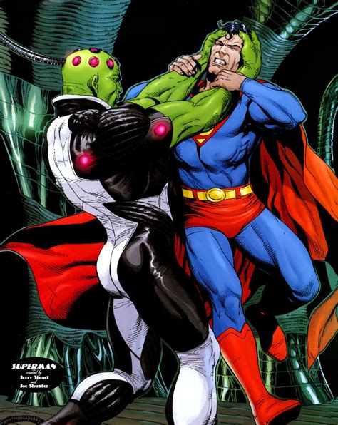 Superman And The Green Lanterner Fighting In Front Of An Alien Man With