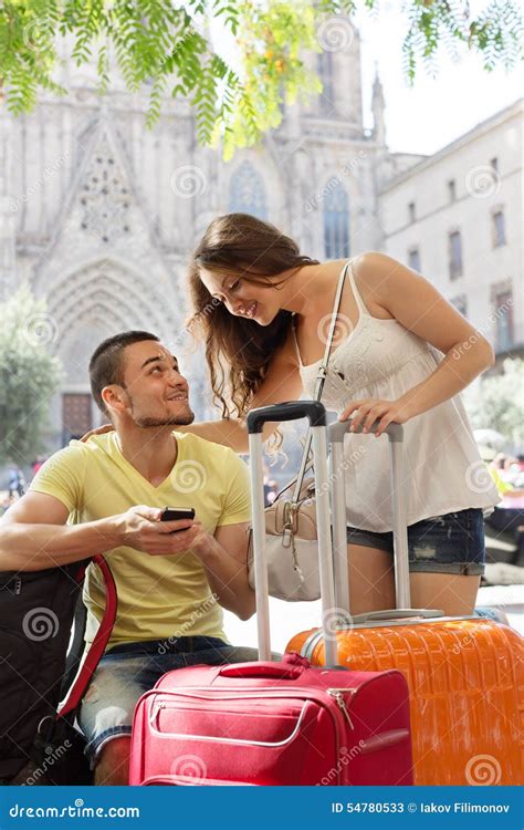Happy Young Travellers Using Phone Navigating System Stock Image
