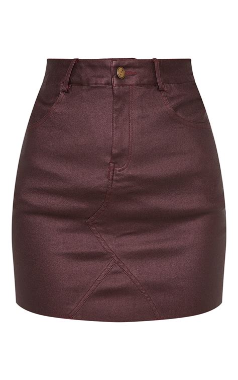 Burgundy Coated Denim Skirt Denim Prettylittlething Usa