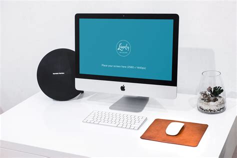 Imac On Office Desk With Cool Speaker Lovely Mockups