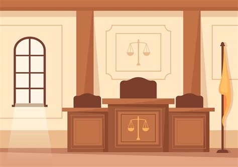 Court Room Interior With Judge Or Jury Table Flag And Wooden Judges