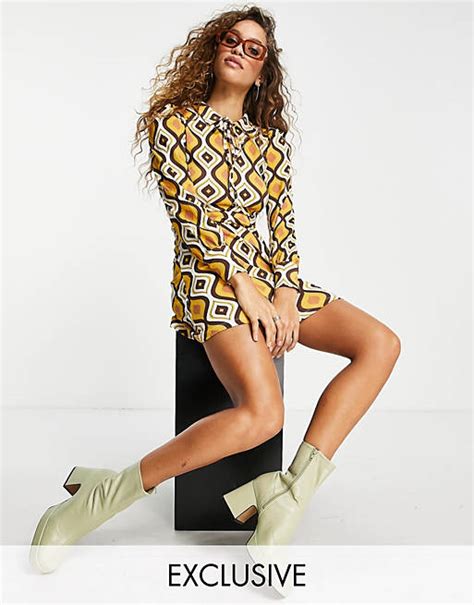 Only Exclusive Pussy Bow Detail Mini Dress In 70s Print Asos