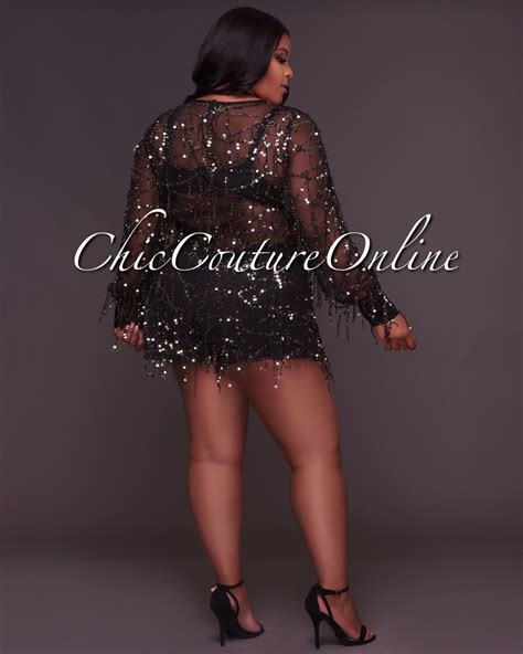 Chic Couture Online Callista Curvaceous Black Gold Flowing Sequins