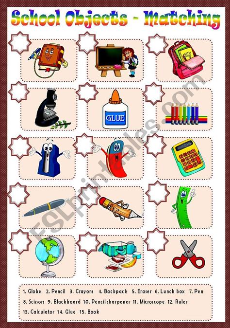 School Objects Matching Esl Worksheet By Macomabi