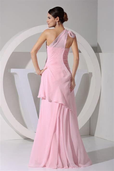 Elegant One Shoulder Long Pink Chiffon Prom Evening Bridesmaid Dresses