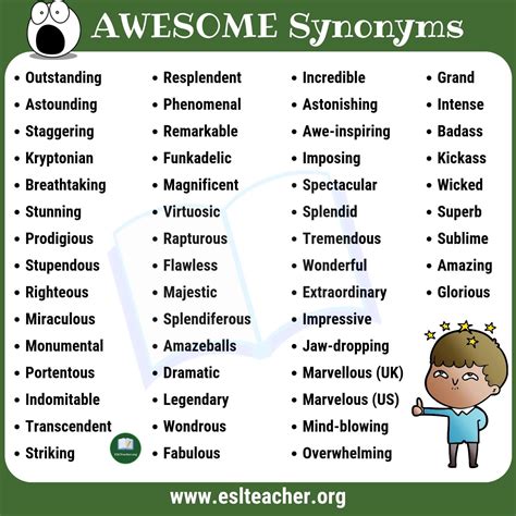 AWESOME Synonyms: 50+ Best Synonyms for Awesome - ESL Teacher | Synonyms for awesome, Essay ...