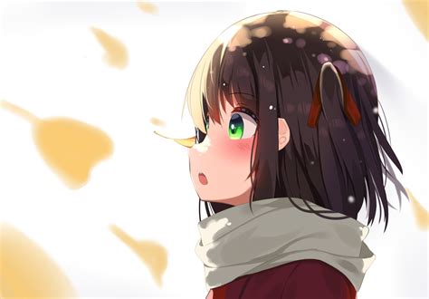 Download 600x800 Anime Girl Scarf Brown Hair Profile View Green
