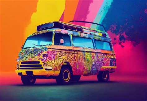Trippy Psychedelic Van 1960s Driving Through Surreal Dreamy Magical Landscape With Vibrant