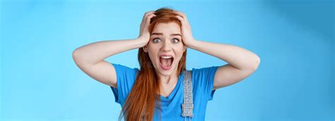 Shocked Redhead Girl Shouting Panic Feel Pressured Deadlines Scared See Mess Grab Head
