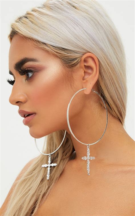 Silver Extra Large Cross Drop Hoop Earrings Prettylittlething Qa