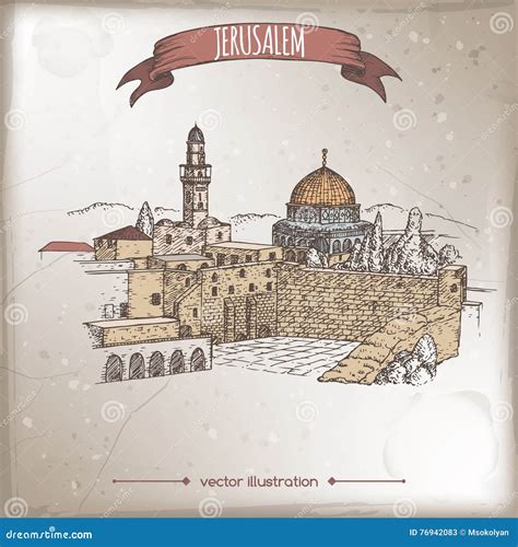 Travel Illustration With Wailing Wall Dome Of The Rock Jerusalem