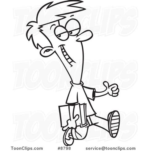 Cartoon Black And White Line Drawing Of A Confident School Boy Holding