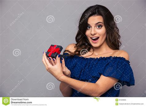 Cheerful Woman Opening Jewelry T Box Stock Image Image Of Eyes Expression 61509665