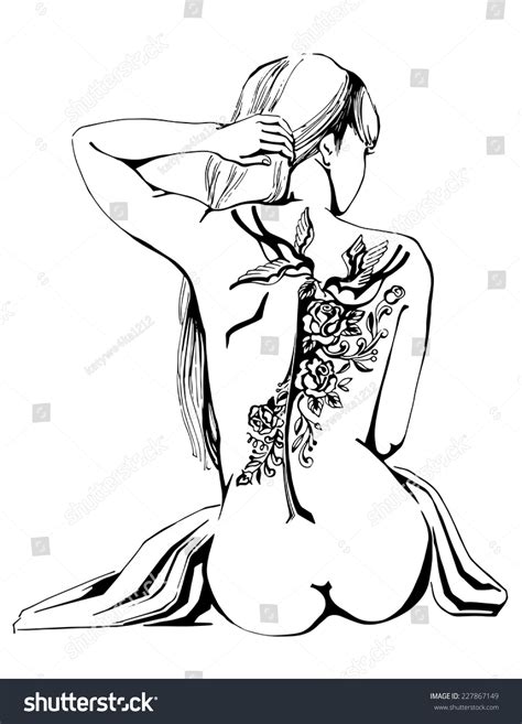 Hand Drawn Naked Female With The Old School Tattoo With Swallows And Roses On Her Back In Vector