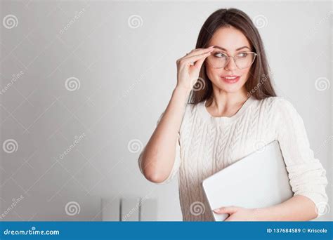 stylish business brunette in glasses with laptop stock image image of office light 137684589