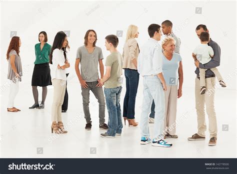 Groups Of Different People Standing Randomly And Talking Stock Photo