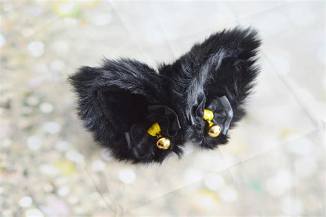 Mto Kitten Play Clip On Cat Ears W Bows Black And Gold Neko Lolita