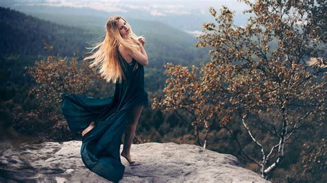 Women Model Blonde Long Hair Women Outdoors Nature Rock Trees Landscape Forest Dress