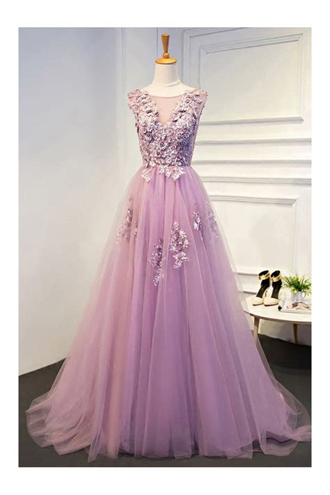 Beautiful Light Purple Beaded Lace Long Prom Dress Tulle 139
