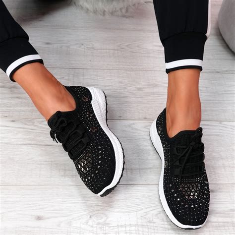 Womens Ladies Knit Diamante Studded Sport Trainers Sneakers Party Women