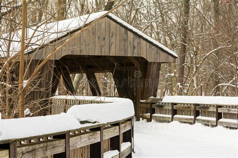 Snowy Covered Bridge Trail Stock Image Image Of Stream 65041995
