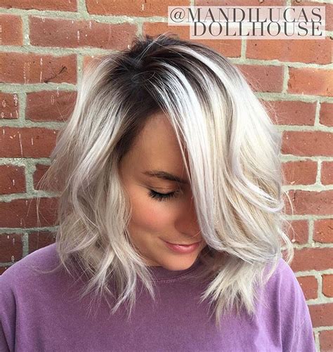 Pearlized Blonde With Stretched Shadow Root Bayalage Platinum Ash Icy The Dollhouse Salon