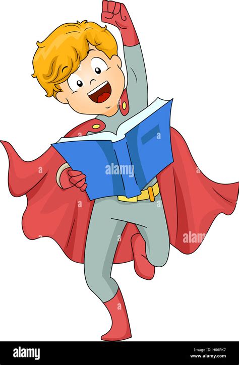 Illustration Of A Boy Dressed As A Superhero Reading A Book Stock Photo