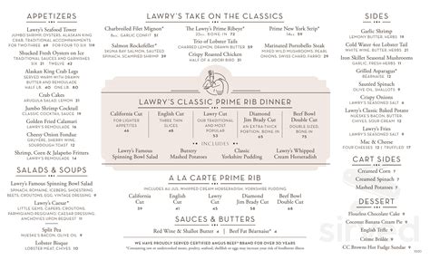 Meal includes your choice of meat, 3 sides, dessert, and drinks. Lawry's The Prime Rib menu in Las Vegas, Nevada, USA