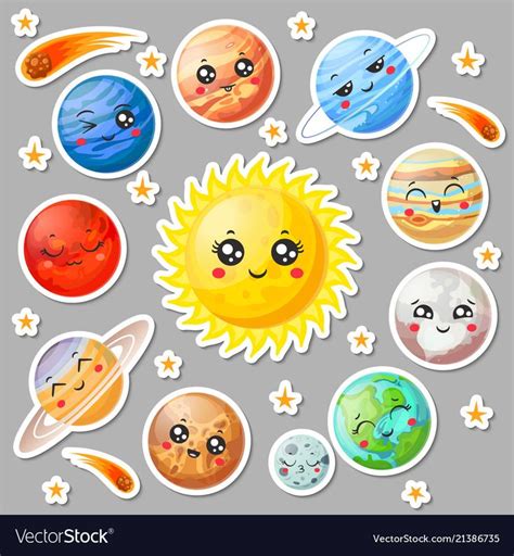 Cartoon Cute Planets Stickers Happy Planet Face Vector Image Solar