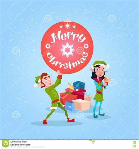 christmas elf group cartoon character santa helper hold new year decoration ball present box