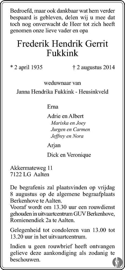 Frederik Hendrik Gerrit Fukkink Overlijdensbericht En