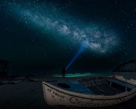Sandy Beach At Night Time Boat Sky Star Digital Art Wallpaper Hd