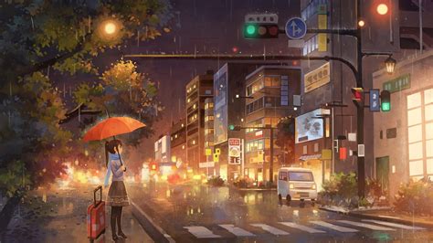 Anime Girl Raining Artwork Night Lights Road Paisaje Increibles