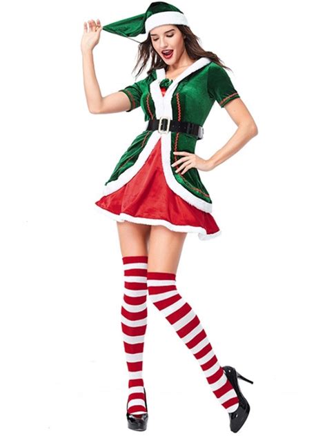 Womens Green Christmas Elf Cosplay Costume Short Sleeve Christmas