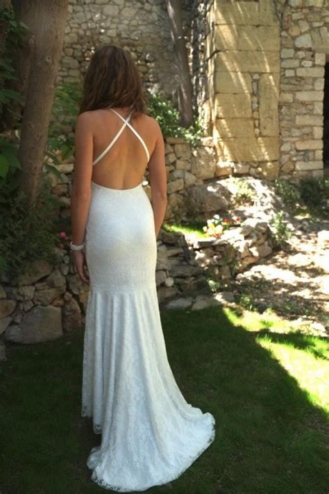 Sexy Backless Very Low Open Back Lace Wedding Dress Bridal Halter Beach