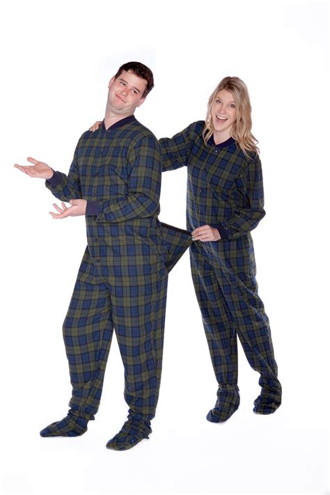 Navy Blue And Green Tartan Plaid Flannel Adult Footed Pajamas