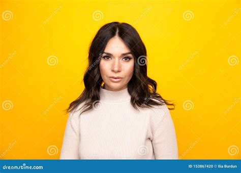 Portrait Of Pretty Young Woman Standing Isolated The Yellow Background