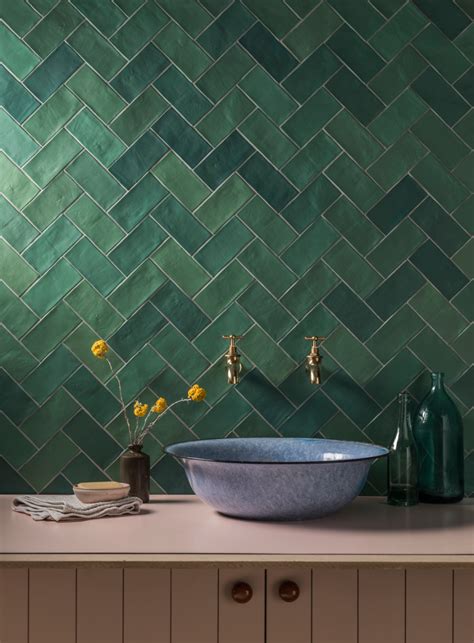 Green Herringbone Tile Bathroom